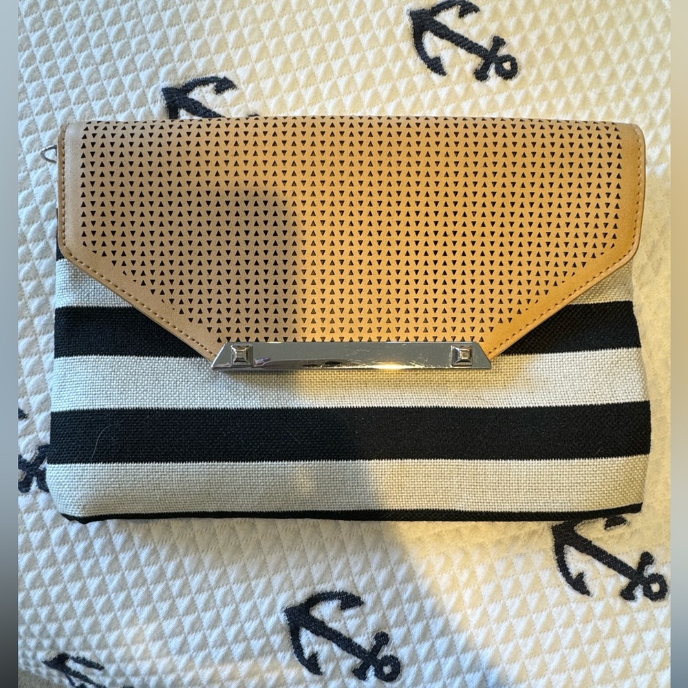 Stella and Dot, black and white striped convertible Crossbody envelope clutch